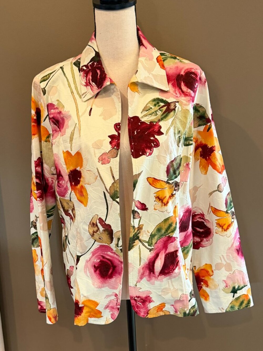 Coldwater Creek Colorful Floral Collared Open Jacket Office Spring, Size 14